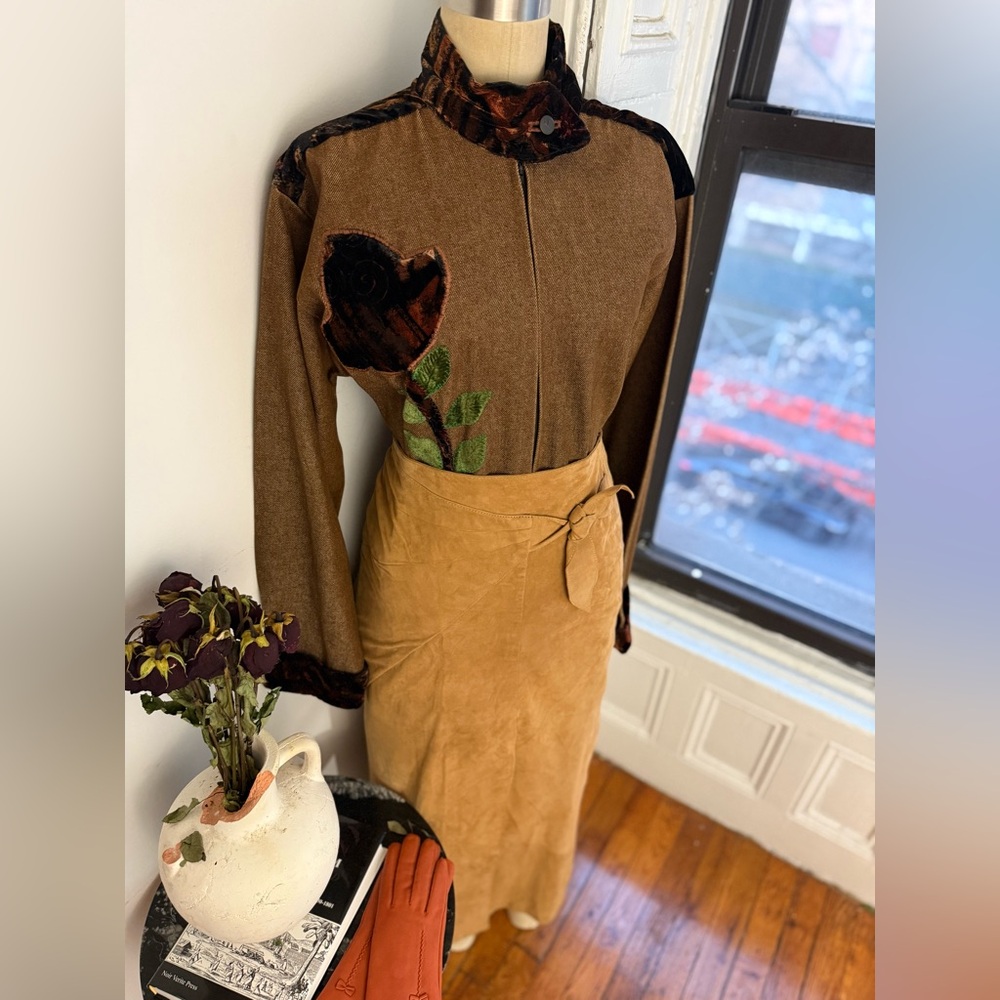Vintage Raw Denim Brown Half Zip Jacket Velvet Trim Floral Appliqué handmade - Picture 9 of 13
